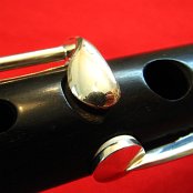 Close up of Short F-Natural Key with it's touchpiece recess in the timber of the mainbody, Long F-Natural key and notehole in front of it