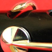 Close up of Short F-Natural Key with it's touchpiece recess in the timber of the mainbody, Long F-Natural key and notehole in front of it