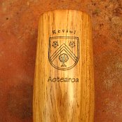 Close up of Custom Barrel, Honduras Rosewood, with name-stamp, Reviol Family coat of arms and Aotearoa (Maori name for New Zealand)